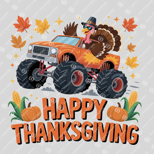 Apparel featuring a Happy Thanksgiving-themed DTF transfer.