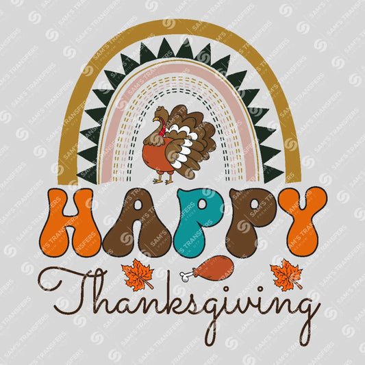 Apparel featuring a Happy Thanksgiving-themed DTF transfer.
