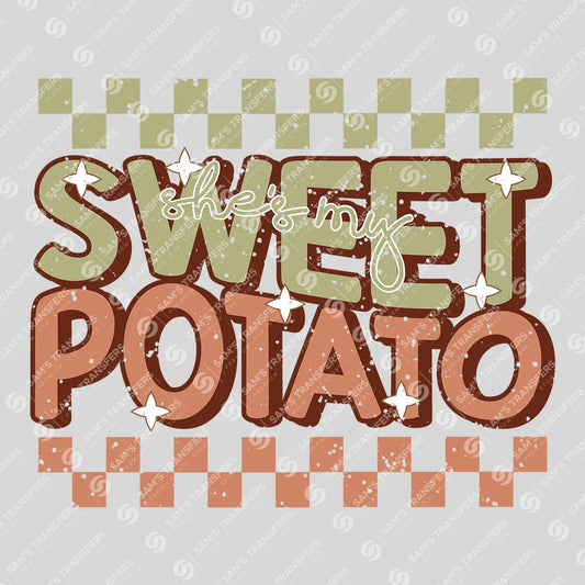 Apparel featuring a She's My Sweet Potato-themed DTF transfer.