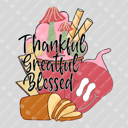 Apparel featuring a Thankful Grateful Blessed-themed DTF transfer.
