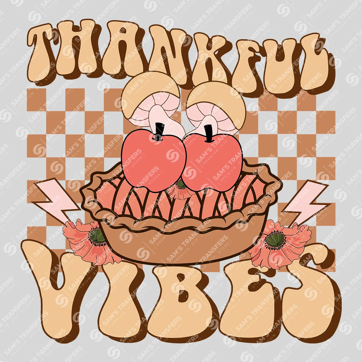 Apparel featuring a Thankful Vibes-themed DTF transfer.