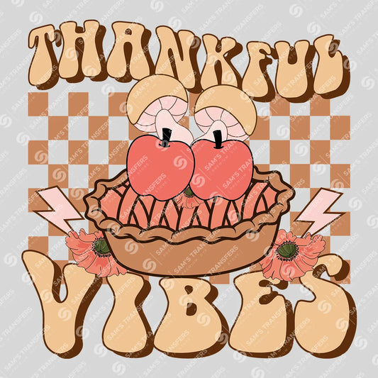 Apparel featuring a Thankful Vibes-themed DTF transfer.
