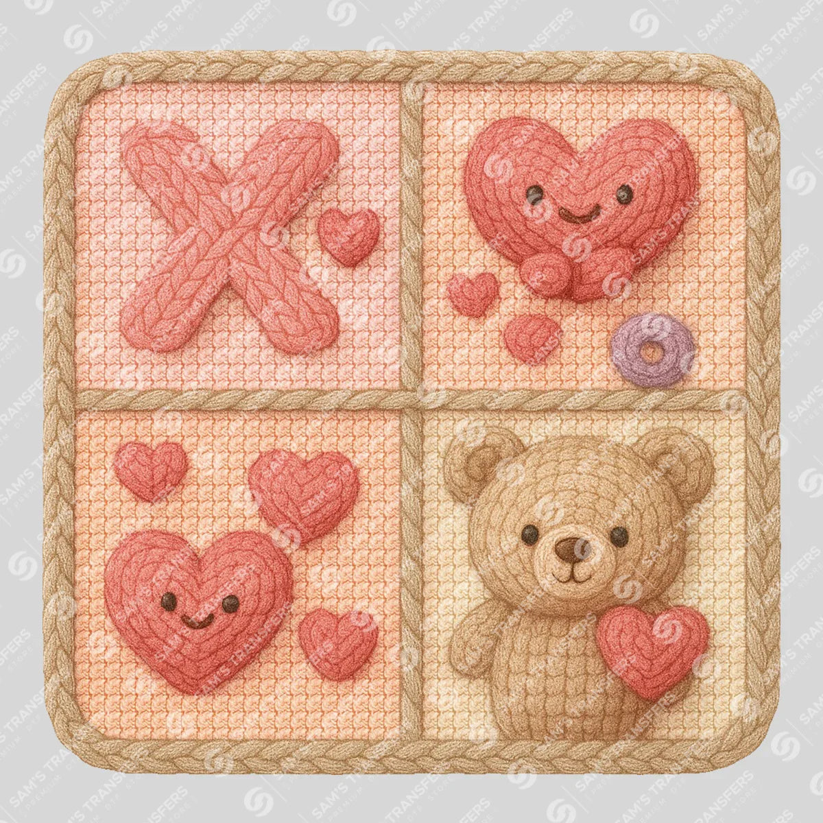 Apparel featuring a Crochet Valentine Patchwork-themed DTF transfer.
