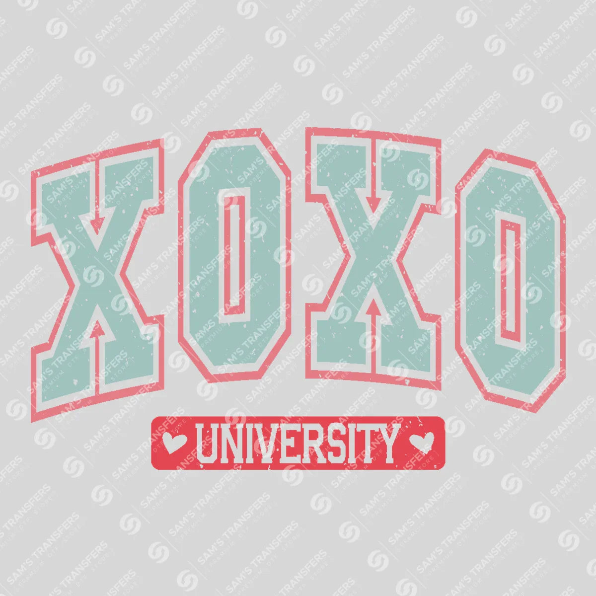Apparel featuring a Xoxo University-themed DTF transfer.