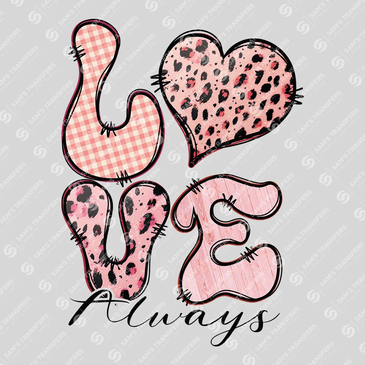 Apparel featuring a Love Always-themed DTF transfer.