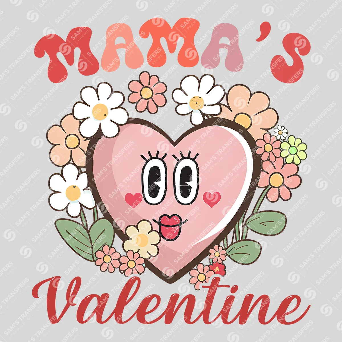 Apparel featuring a Mama's Valentine-themed DTF transfer.
