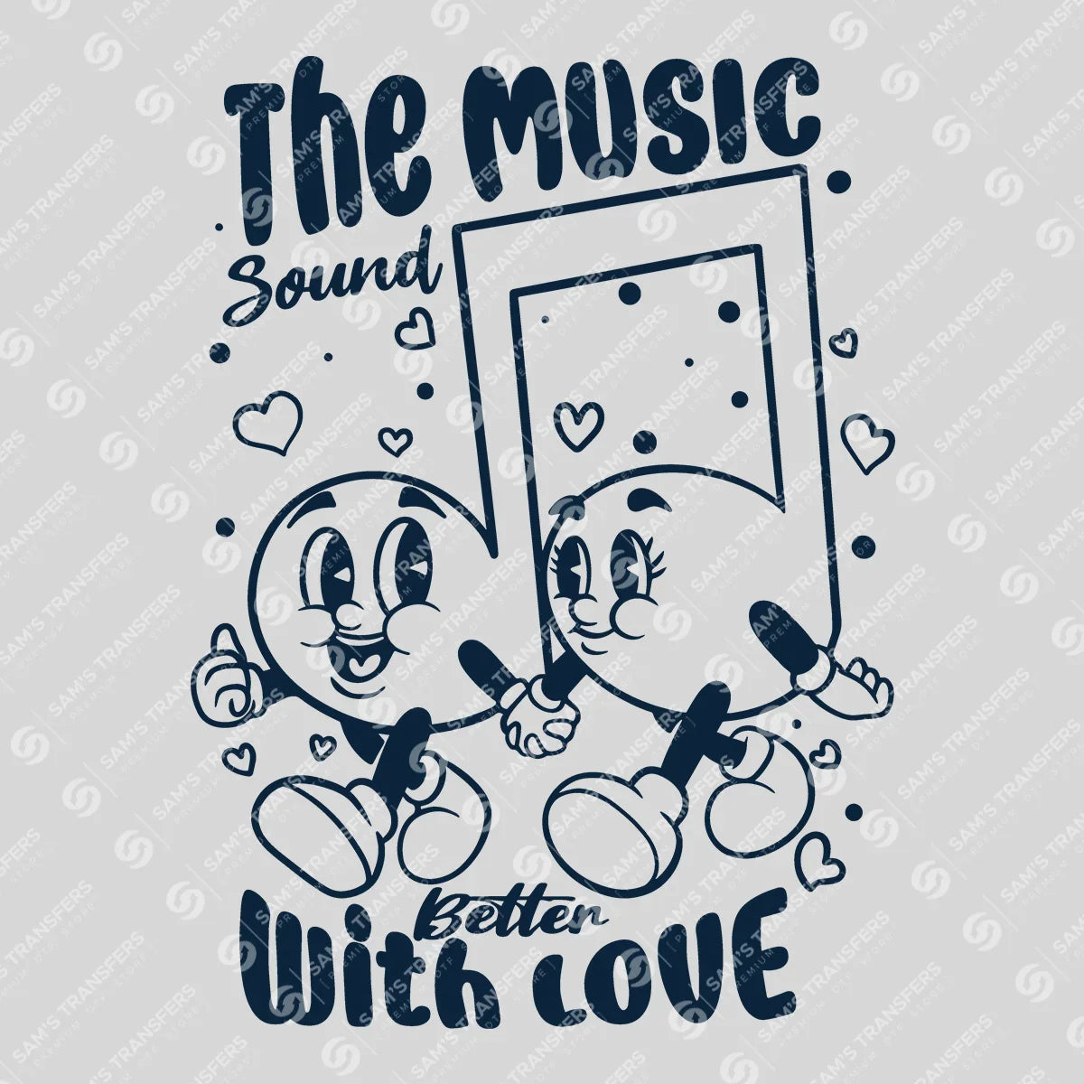 Apparel featuring a Music Sounds Better With Love-themed DTF transfer.