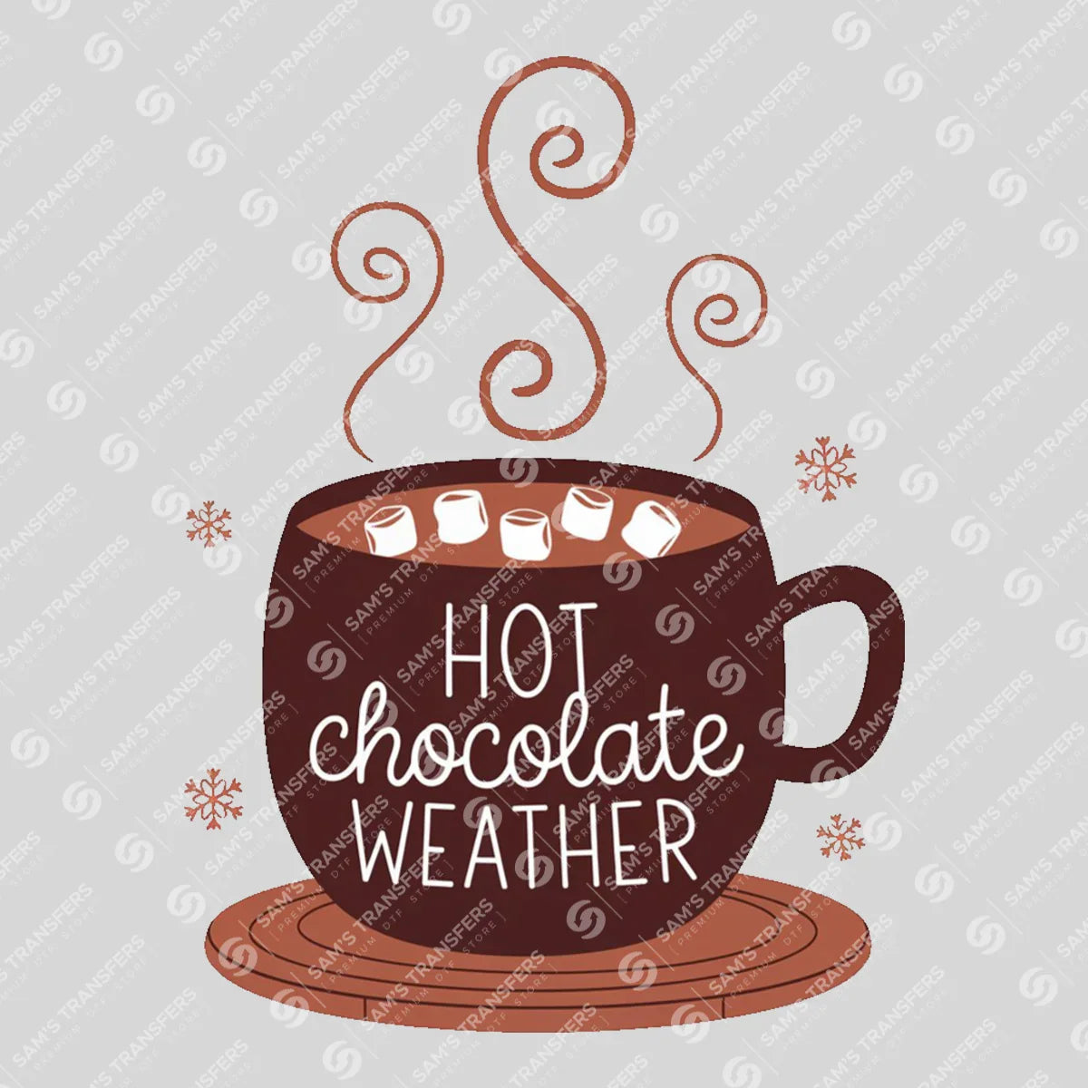 Apparel featuring a Hot Chocolate Weather-themed DTF transfer.