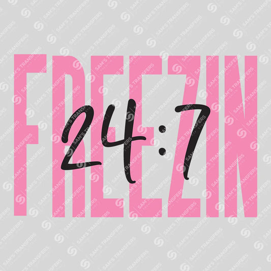 Apparel featuring a Freezin 24/7-themed DTF transfer.