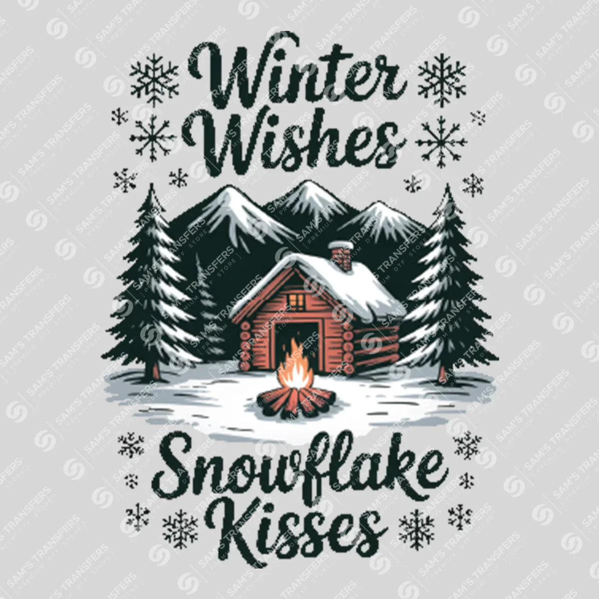 Apparel featuring a Winter Wishes Snowflake Kisses-themed DTF transfer.