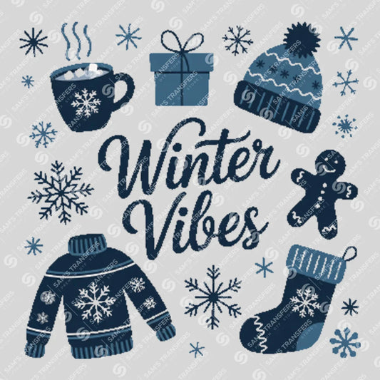 Apparel featuring a Winter Vibes-themed DTF transfer.
