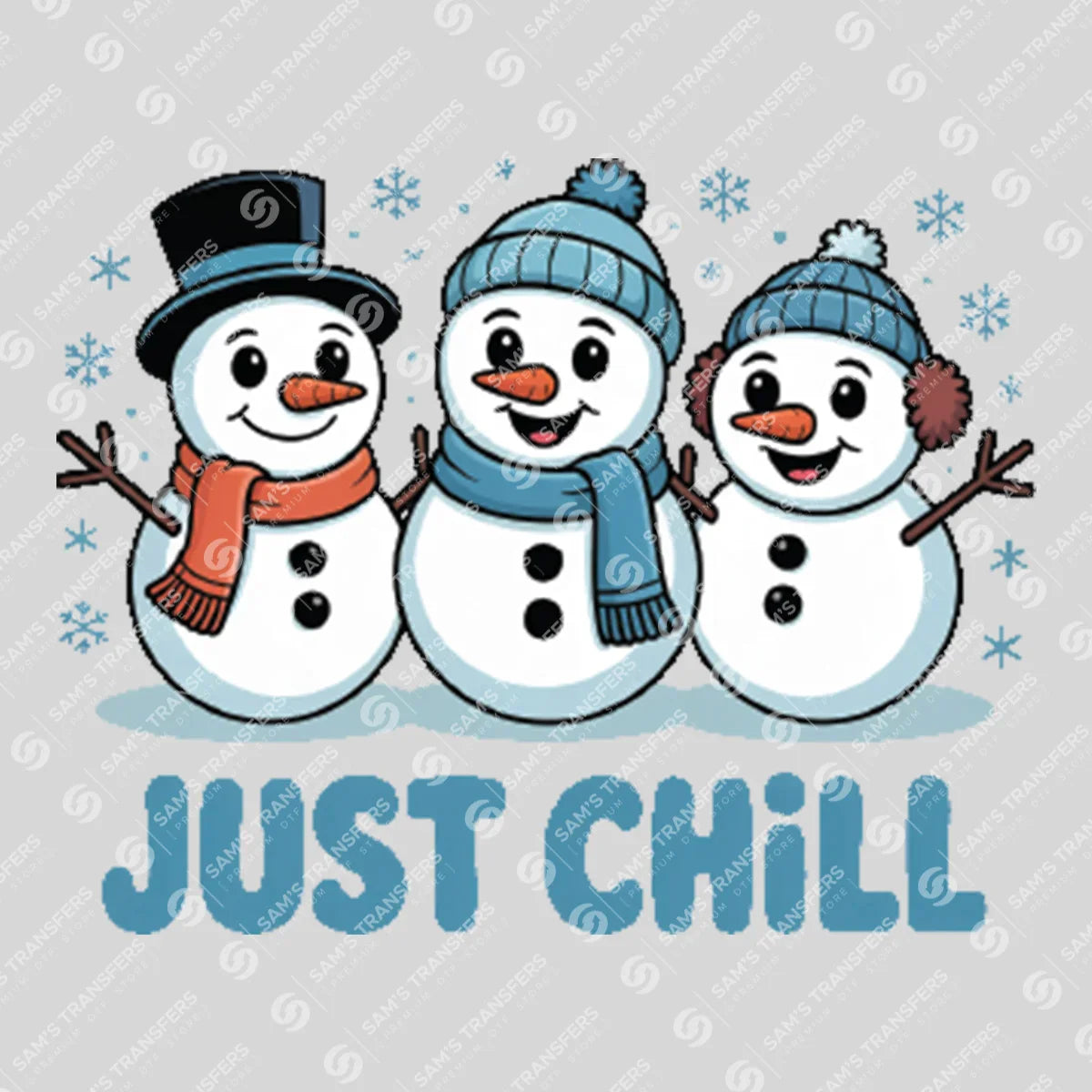 Apparel featuring a Just Chill-themed DTF transfer.