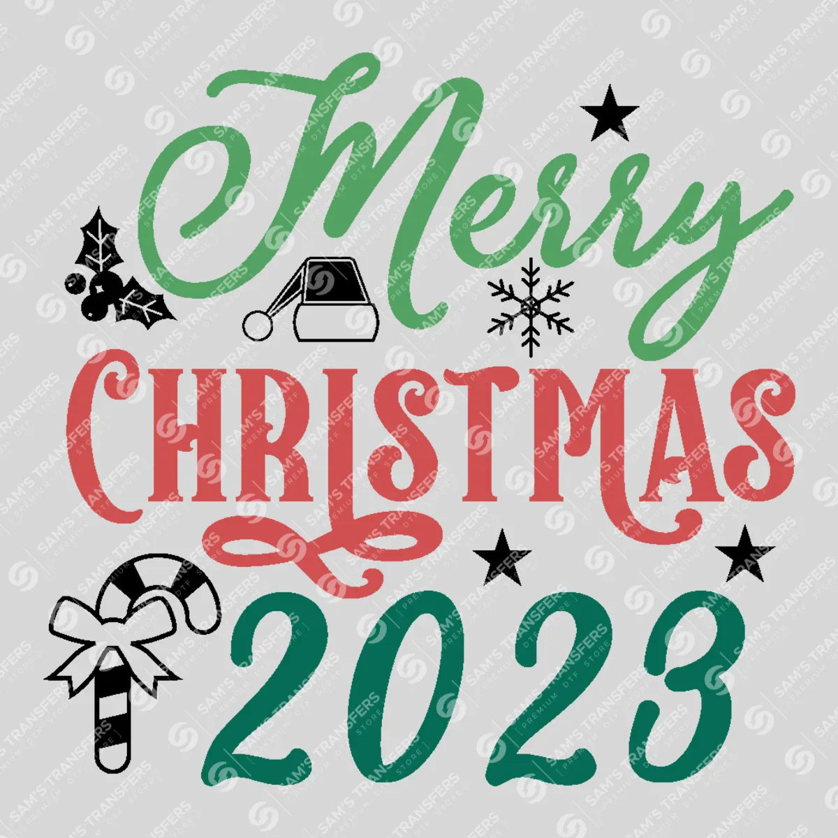 Apparel featuring a Merry Christmas 2023-themed DTF transfer.