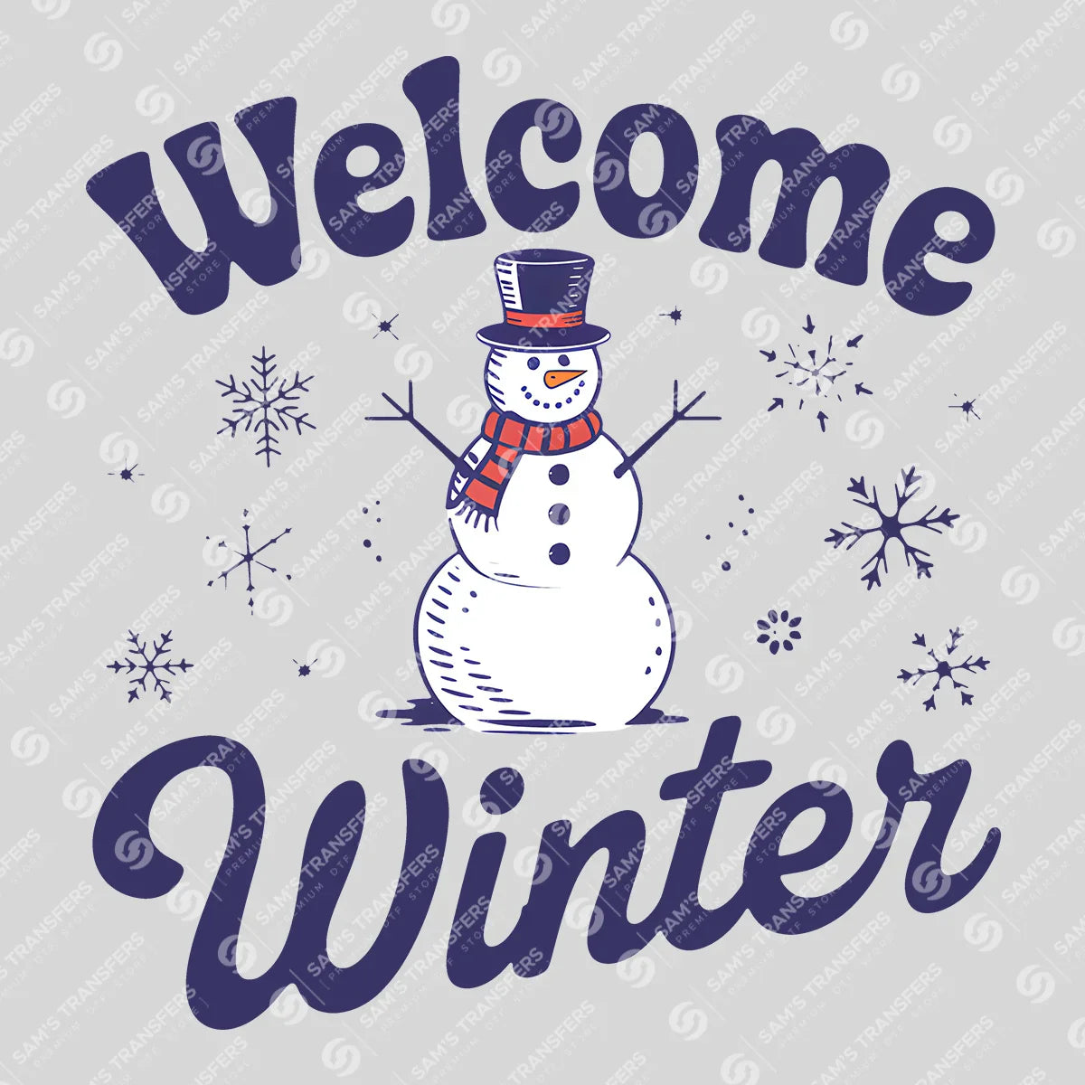 Apparel featuring a Welcome Winter-themed DTF transfer.