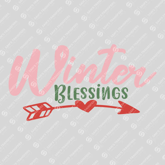 Apparel featuring a Winter Blessings-themed DTF transfer.