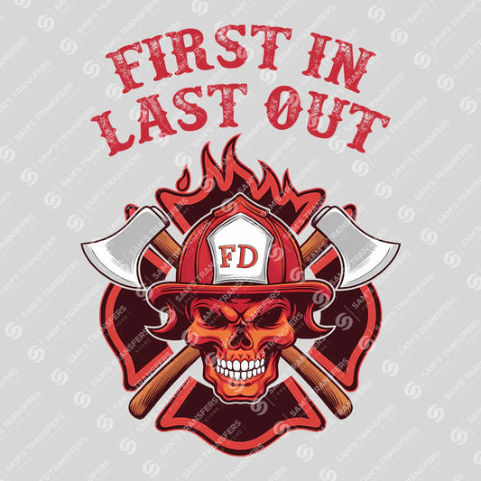 Apparel featuring a First In Last Out-themed DTF transfer.
