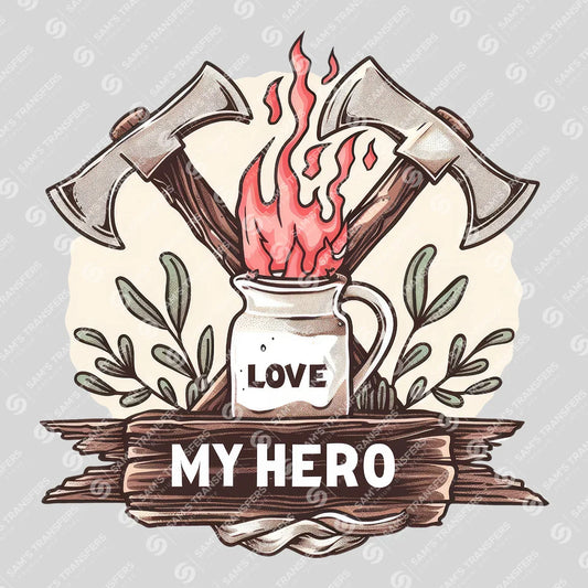 Apparel featuring a Love My Hero-themed DTF transfer.