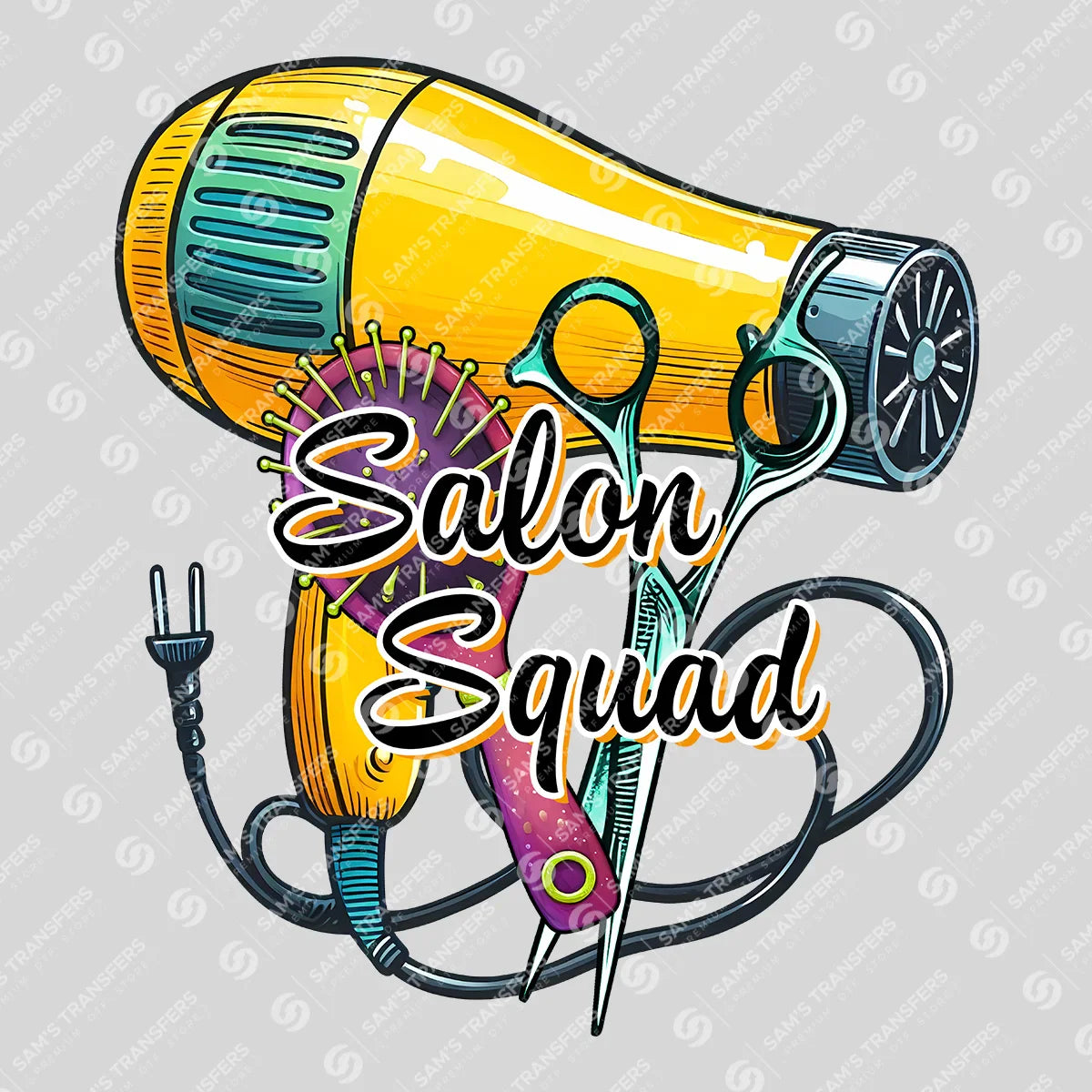 Apparel featuring a Salon Squad-themed DTF transfer.