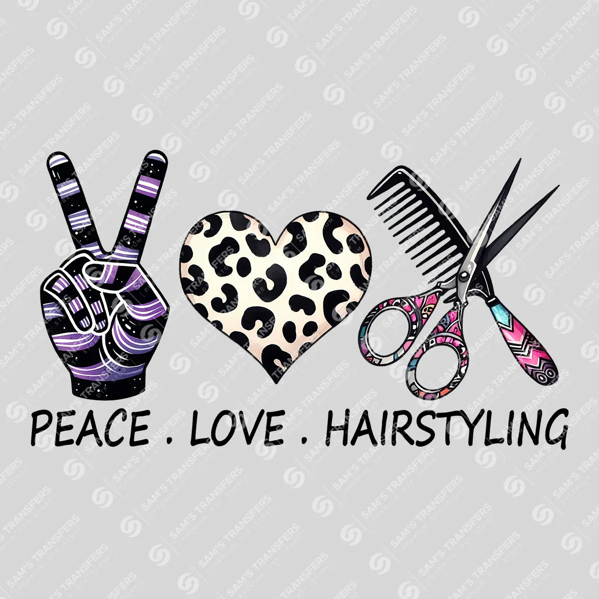 Apparel featuring a Peace Love Hairstyling-themed DTF transfer.