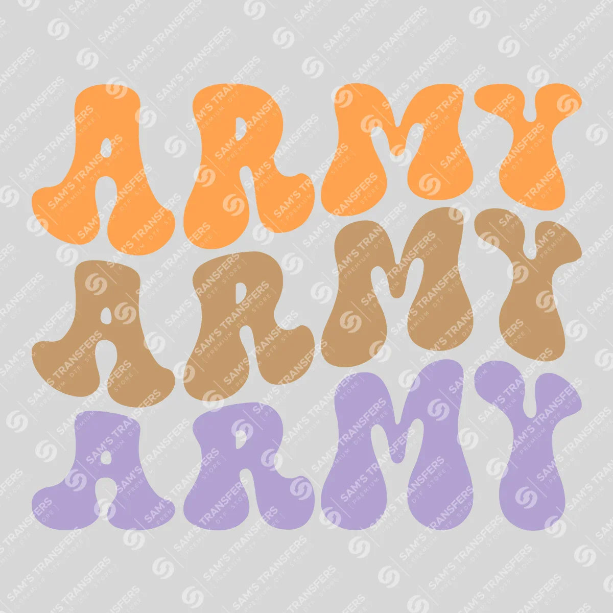 Apparel featuring a Army-themed DTF transfer.