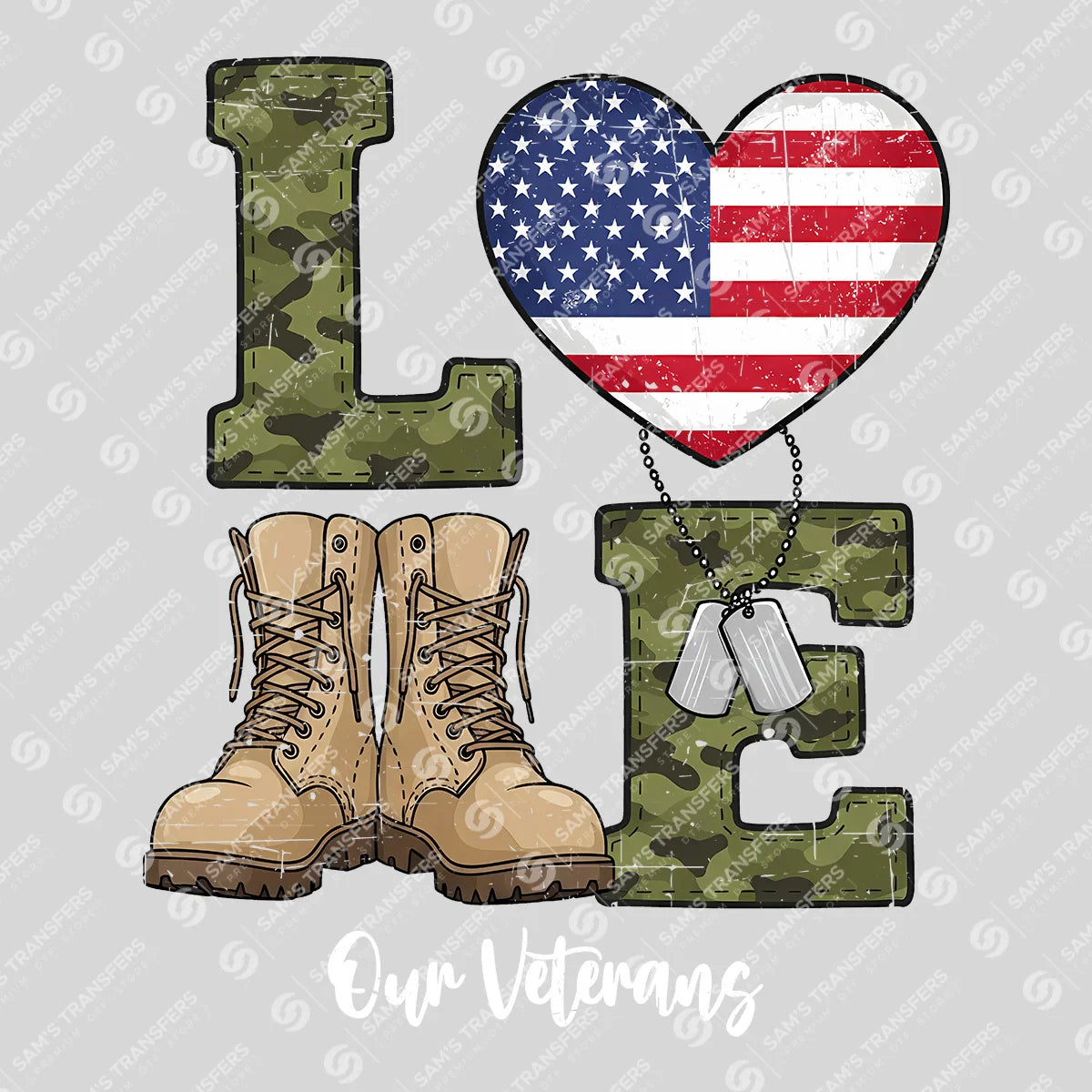 Apparel featuring a Love Our Veterans-themed DTF transfer.