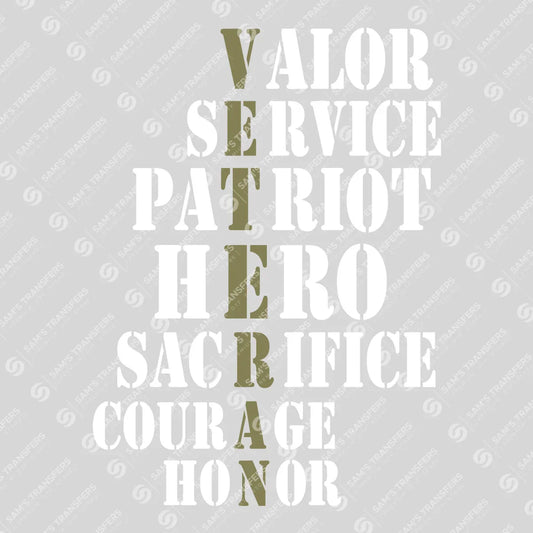 Apparel featuring a Veteran Valor Honor Courage-themed DTF transfer.