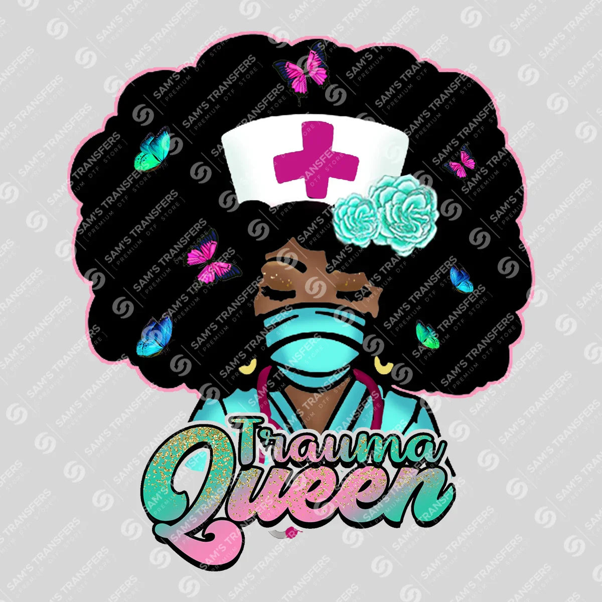 Apparel featuring a Trauma Queen-themed DTF transfer.