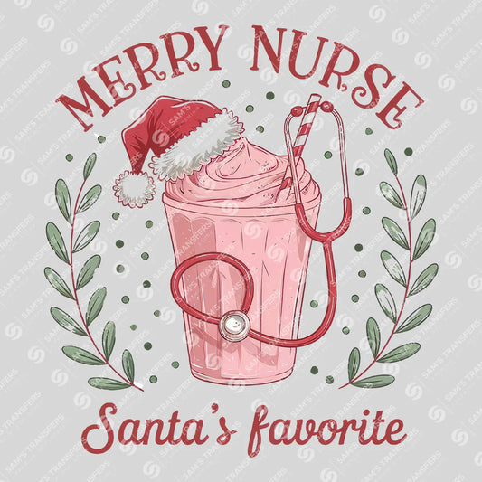 Apparel featuring a Merry Nurse Santas Favorite-themed DTF transfer.