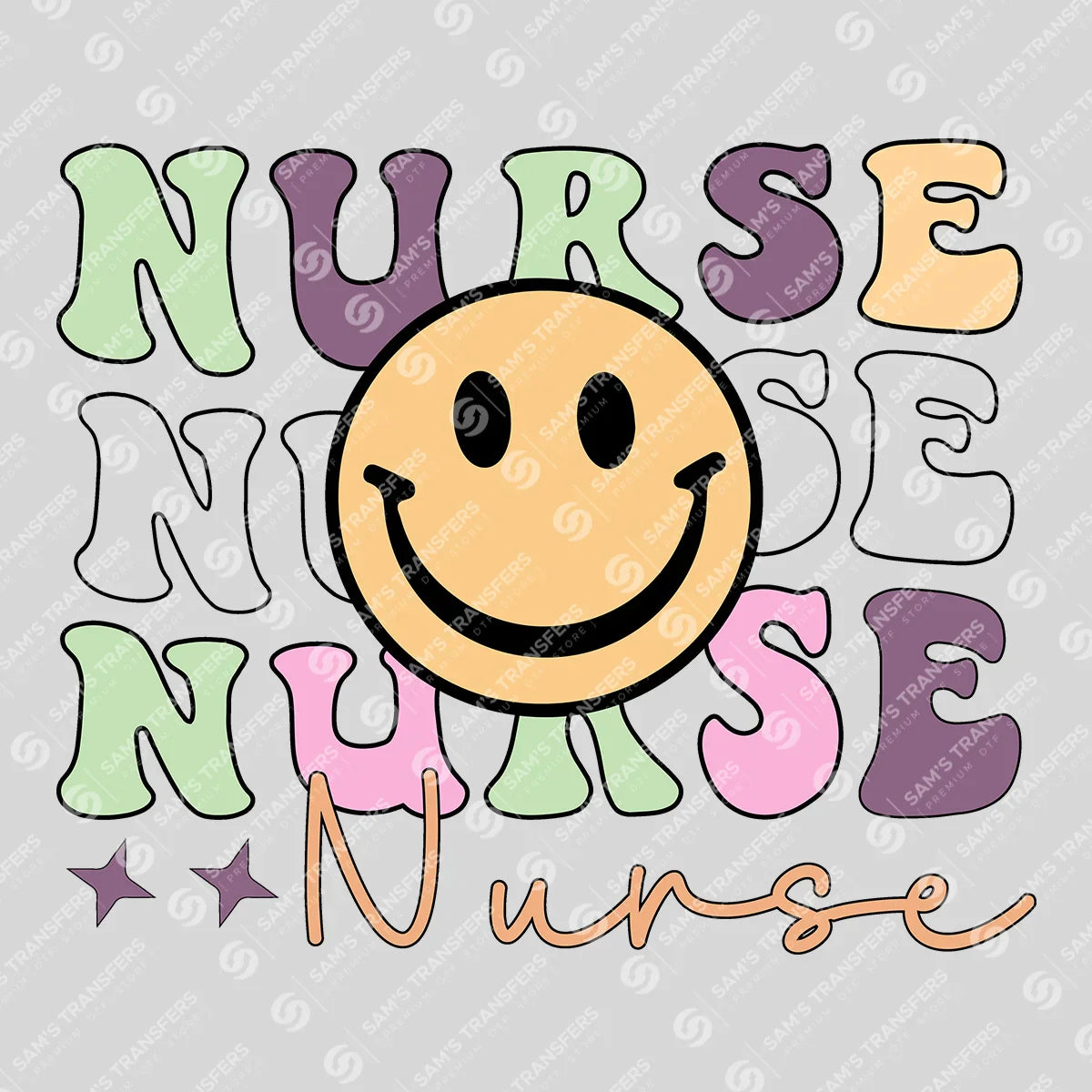 Apparel featuring a Nurse Smiley-themed DTF transfer.