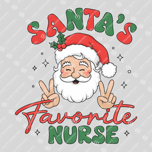 Apparel featuring a Santas Favorite Nurse-themed DTF transfer.
