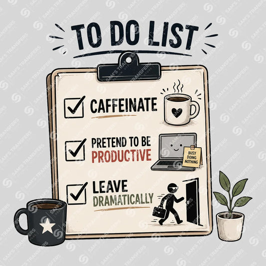 Apparel featuring a To Do List Caffeinate Pretend Productive Leave Dramatically-themed DTF transfer.