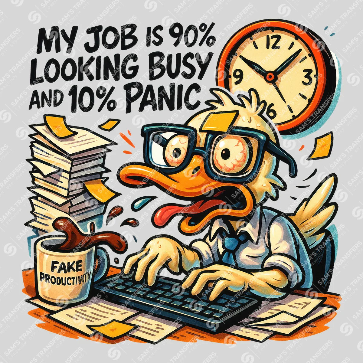 Apparel featuring a My Job Is 90 Percent Looking Busy 10 Percent Panic-themed DTF transfer.