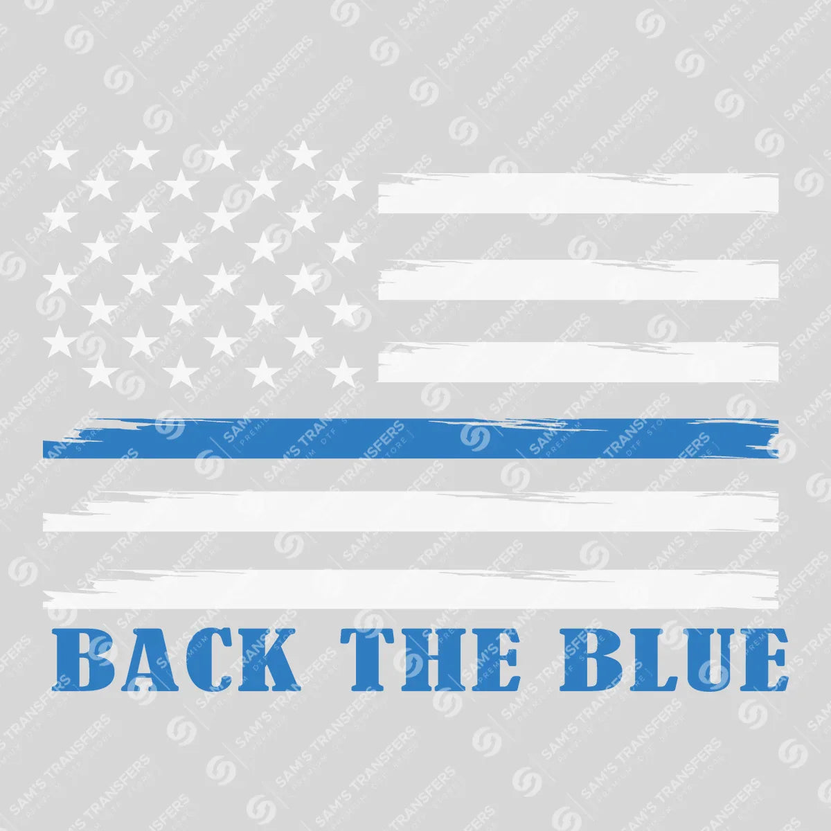 Apparel featuring a Back the Blue Flag-themed DTF transfer.