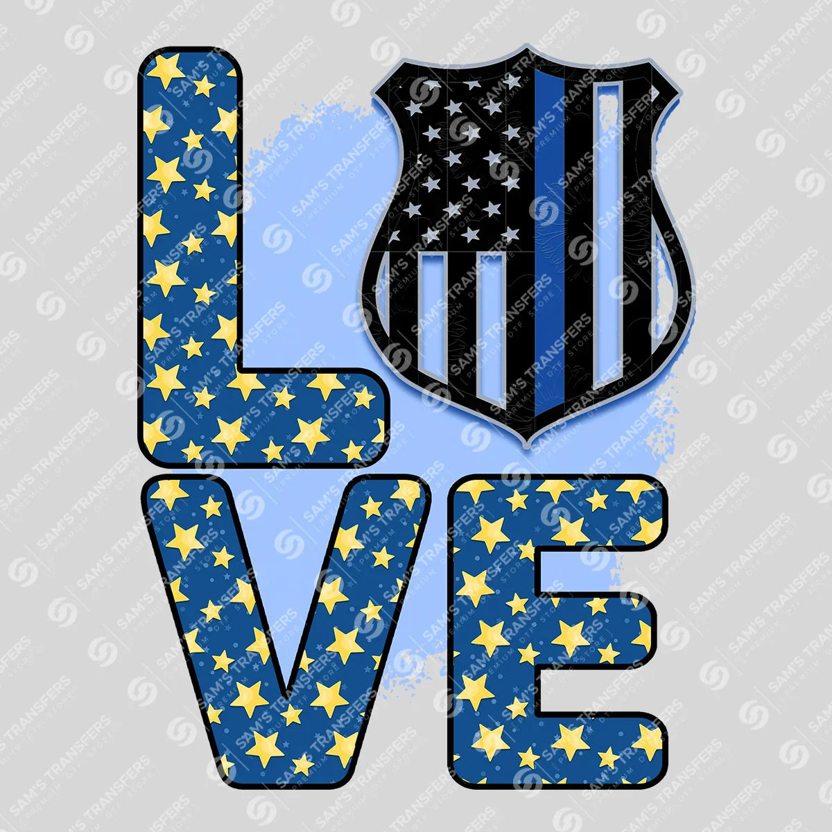 Apparel featuring a Love Police Stars-themed DTF transfer.