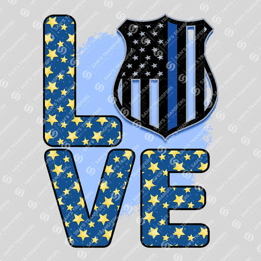 Apparel featuring a Love Police Stars-themed DTF transfer.