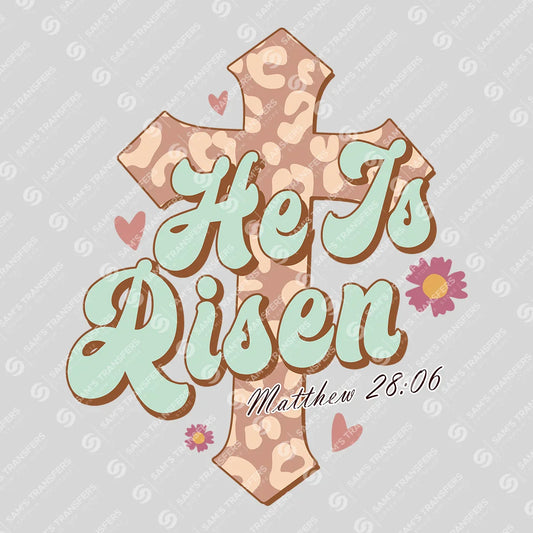 Apparel featuring a He Is Risen Leopard-themed DTF transfer.