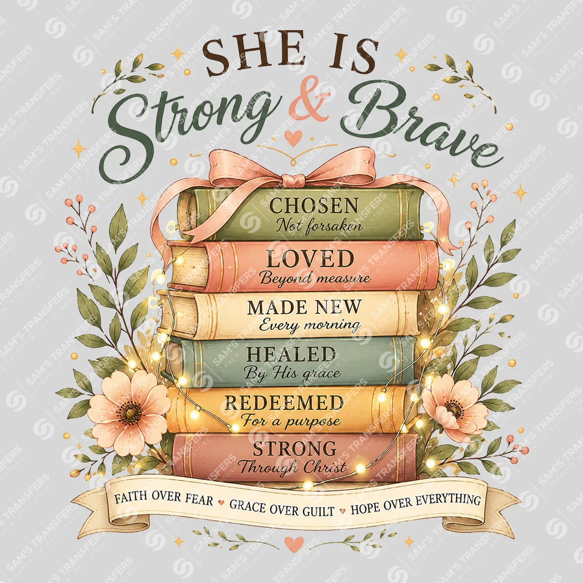 Apparel featuring a She Is Strong and Brave Books-themed DTF transfer.