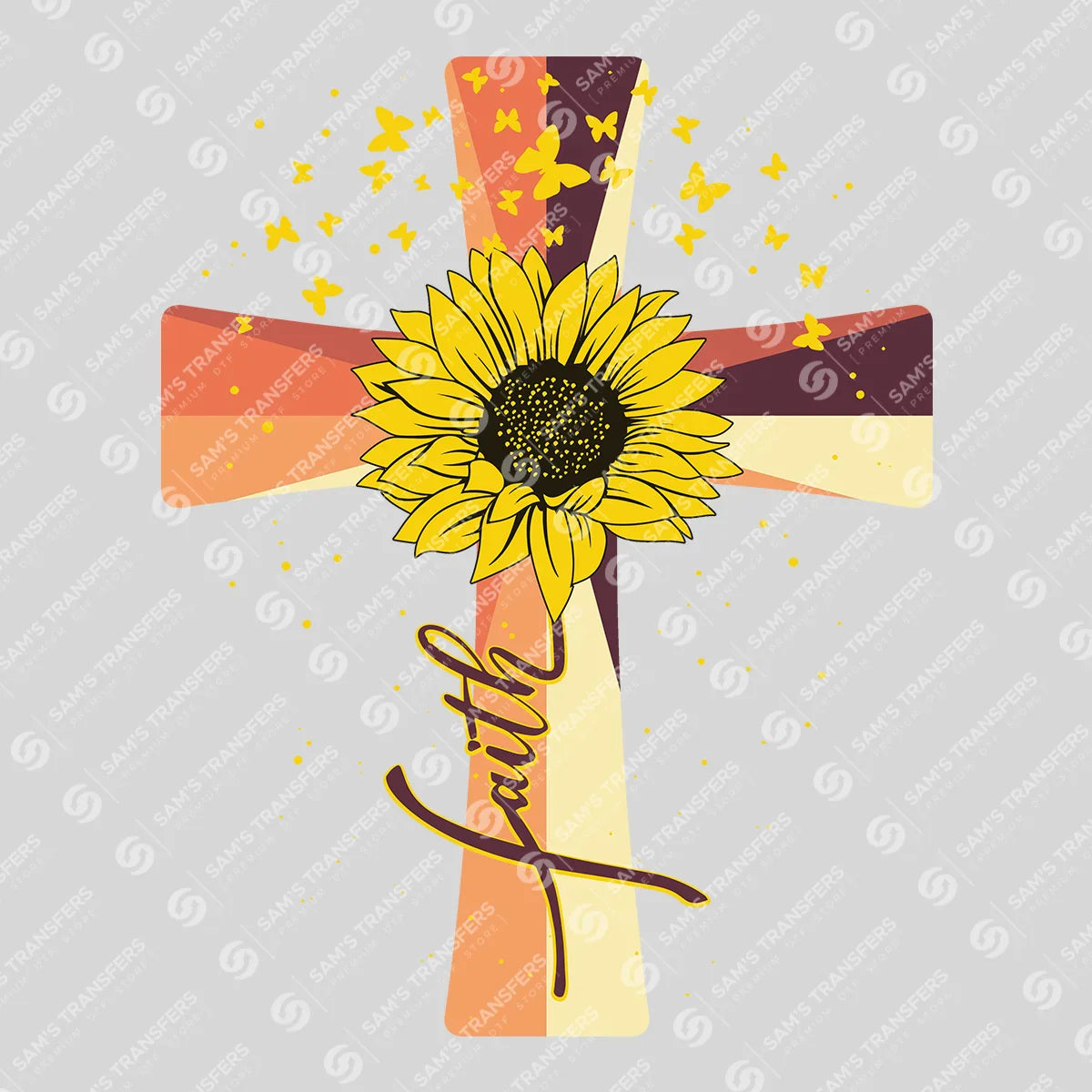 Apparel featuring a Faith Sunflower Cross-themed DTF transfer.