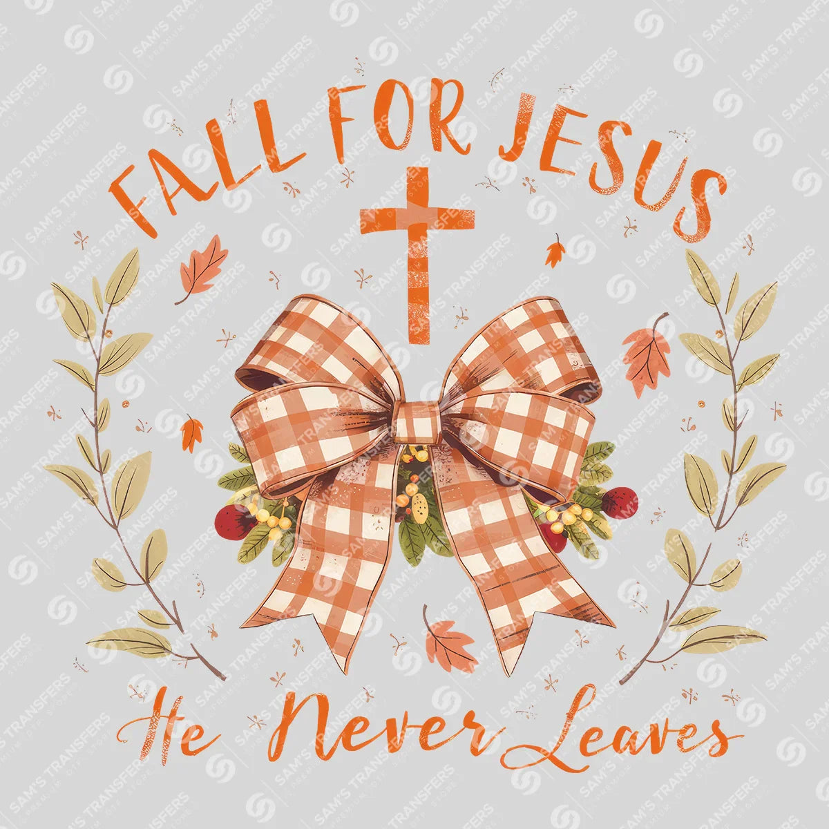 Apparel featuring a Fall for Jesus Gingham Bow-themed DTF transfer.