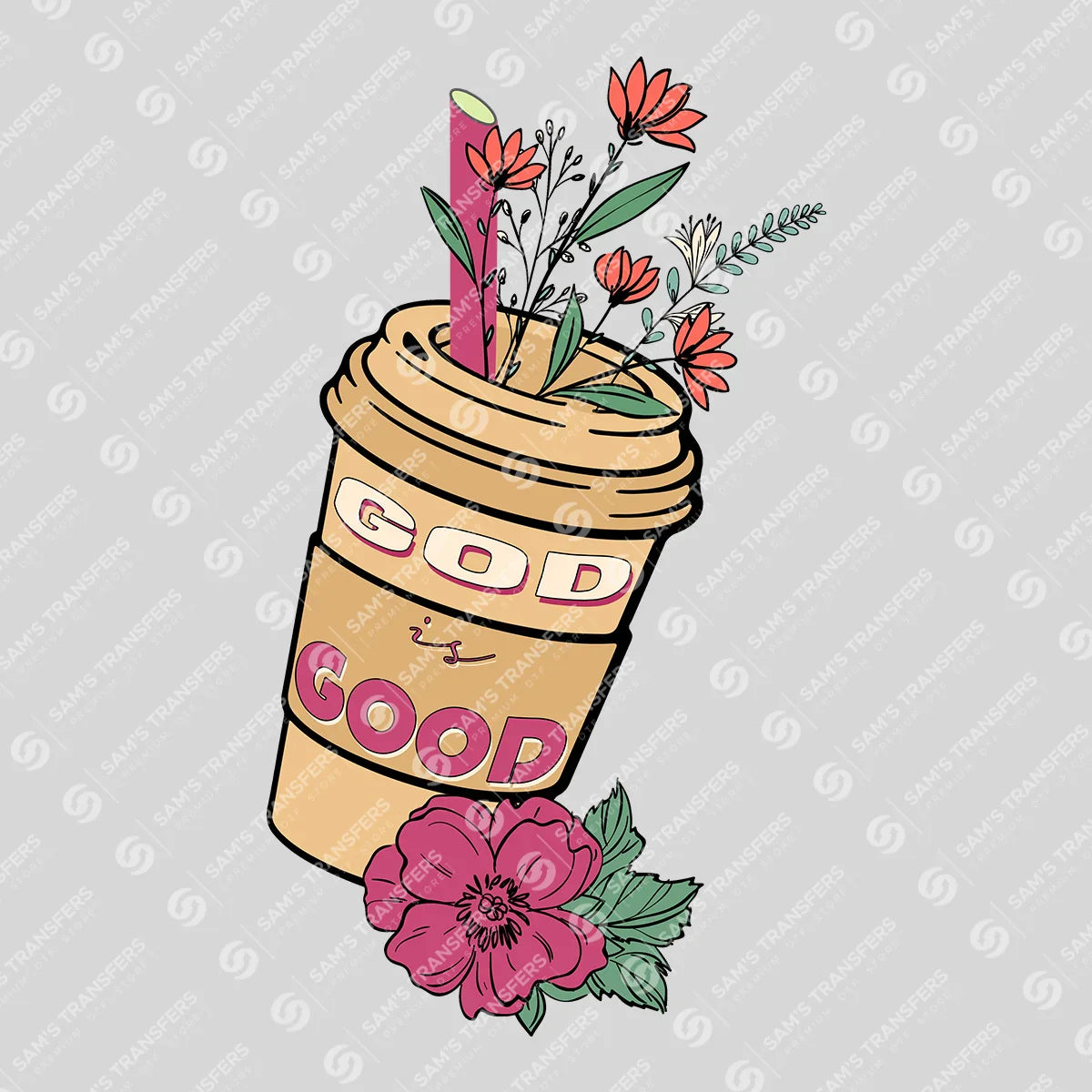 Apparel featuring a God Is Good Coffee-themed DTF transfer.