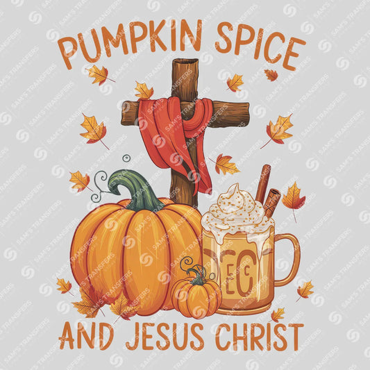 Apparel featuring a Pumpkin Spice and Jesus Christ-themed DTF transfer.