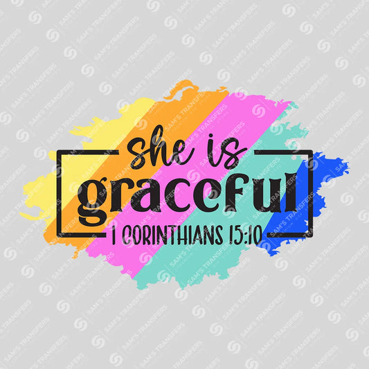 Apparel featuring a She Is Graceful-themed DTF transfer.