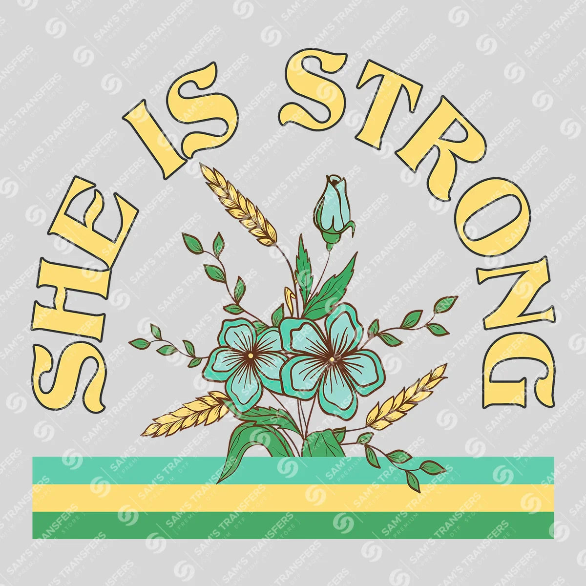 Apparel featuring a She Is Strong-themed DTF transfer.