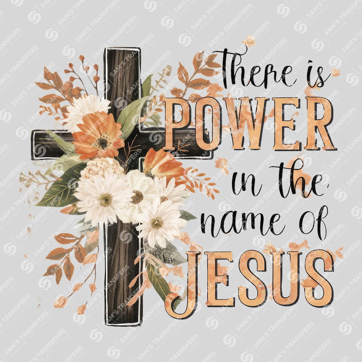 Apparel featuring a Power in the Name of Jesus-themed DTF transfer.