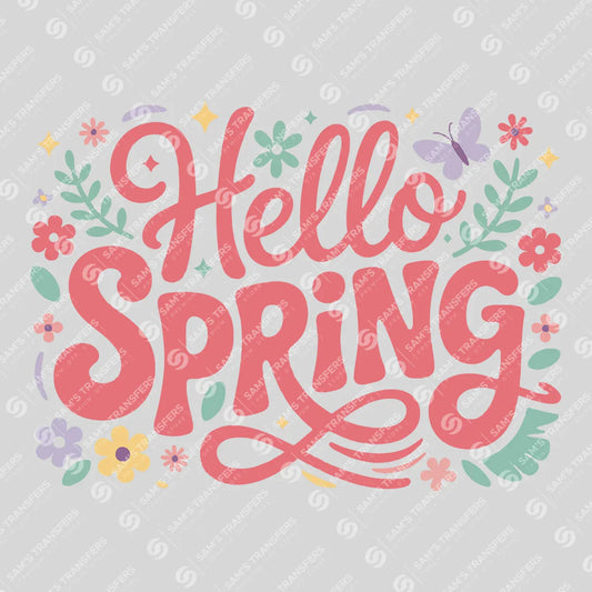 Apparel featuring a Hello Spring-themed DTF transfer.