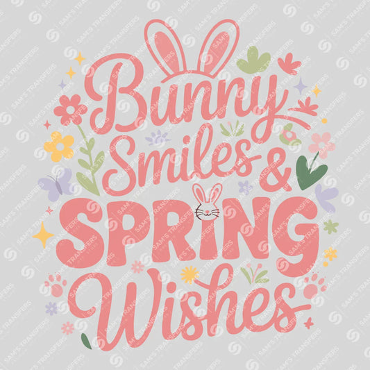 Apparel featuring a Bunny Smiles and Spring Wishes-themed DTF transfer.