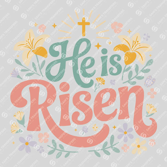 Apparel featuring a He Is Risen-themed DTF transfer.