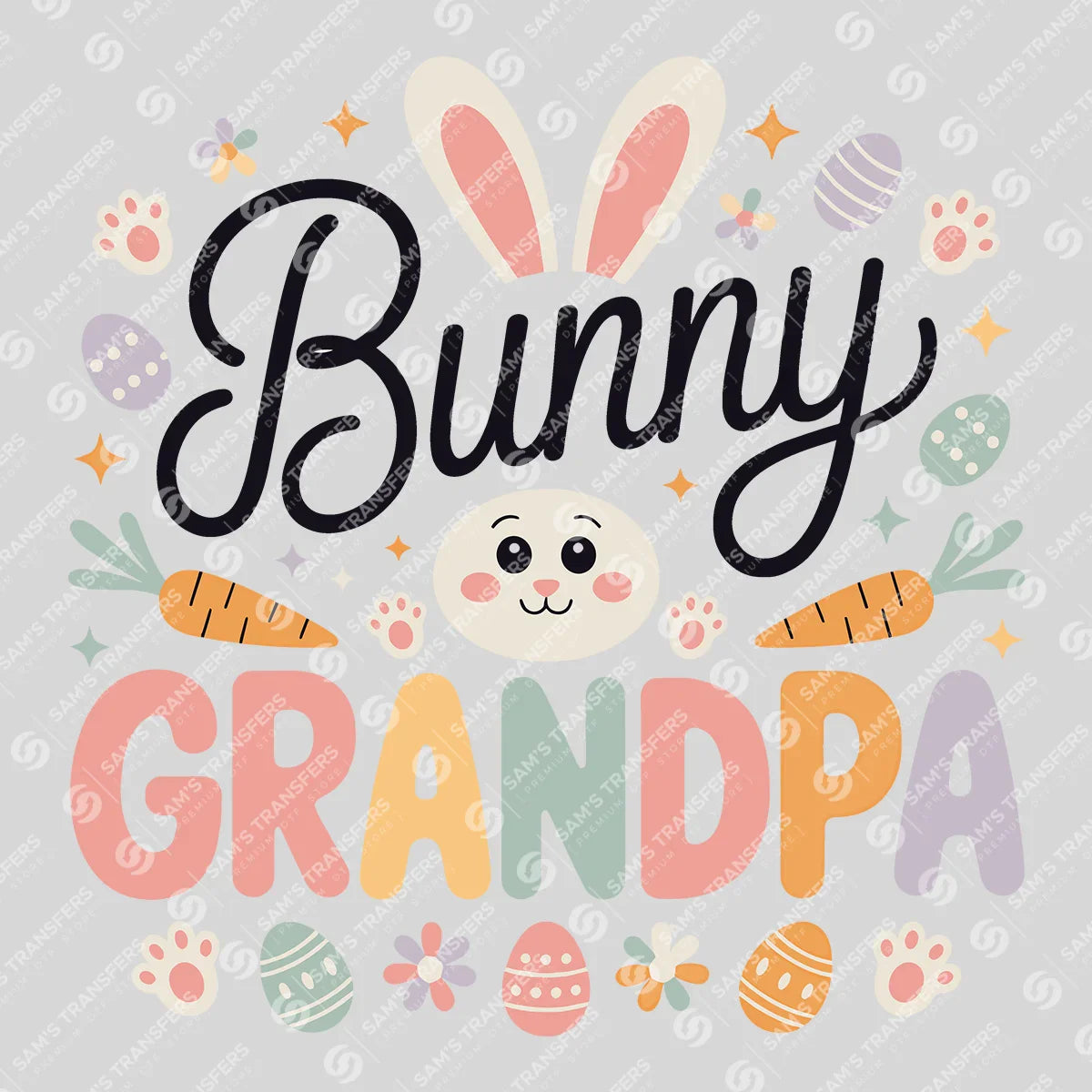 Apparel featuring a Bunny Grandpa-themed DTF transfer.