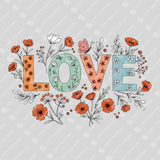 Apparel featuring a Floral Love-themed DTF transfer.