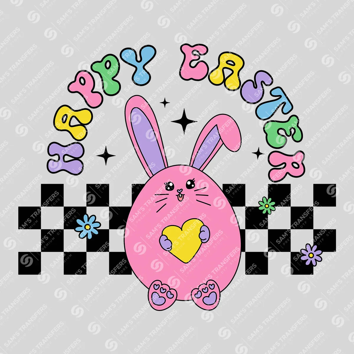 Apparel featuring a Happy Easter-themed DTF transfer.